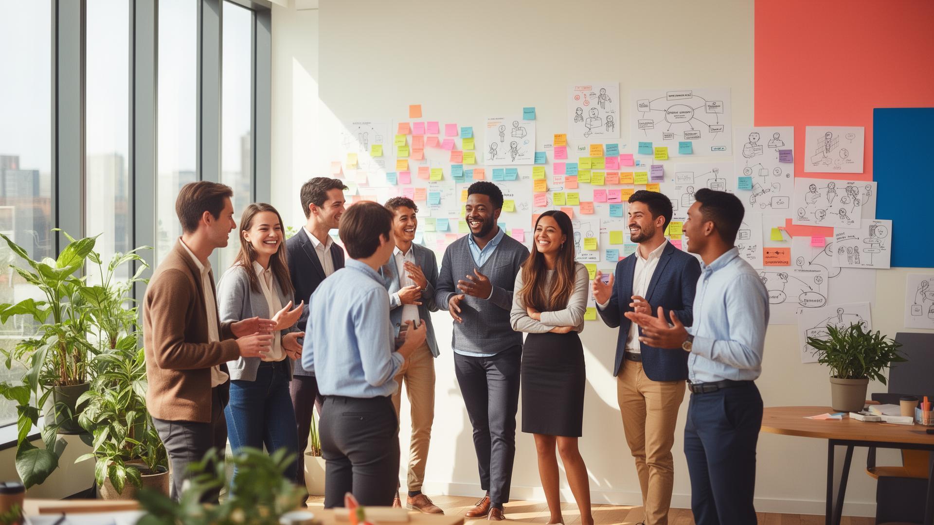 Energetic strategy workshop with sticky notes and a smiling, diverse team